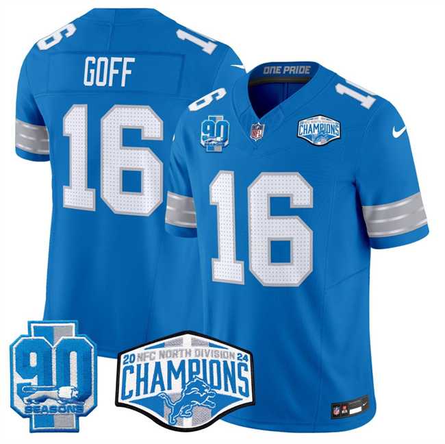 Men%27s Detroit Lions #16 Jared Goff Blue 2024 NFC North Champions 90th Anniversary Patch F.U.S.E. Vapor Limited Stitched Jersey->detroit lions->NFL Jersey
